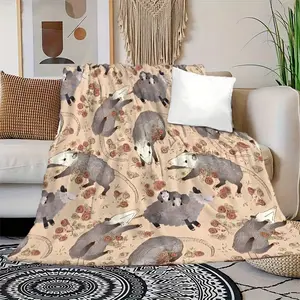 Contemporary Opossum Pattern Flannel Throw Blanket - Soft Cozy Multipurpose Nap Cover for All Seasons, Animal Theme, Knitted Polyester, Ideal Gift for Loved Ones, Living Room Sofa Decor