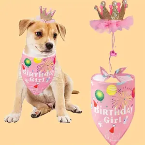 Dog Birthday Bandana Hat Set 2 Counts per Set Cartoon and Letter Pattern Dog Birthday Hat and Triangle Bandana Set Soft Comfortable Pet Party Decoration Suitable for Cats and Dogs of All Sizes Ideal for Birthday Celebrations and Festive Occasions