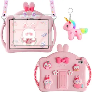 for iPad 10th Generation Case Kids Girls  10.9 Inch with Screen Protector Shoulder Strap Kickstand Keychain Cute Rabbit Silicone Tablet Cover Gen 2022 Pink