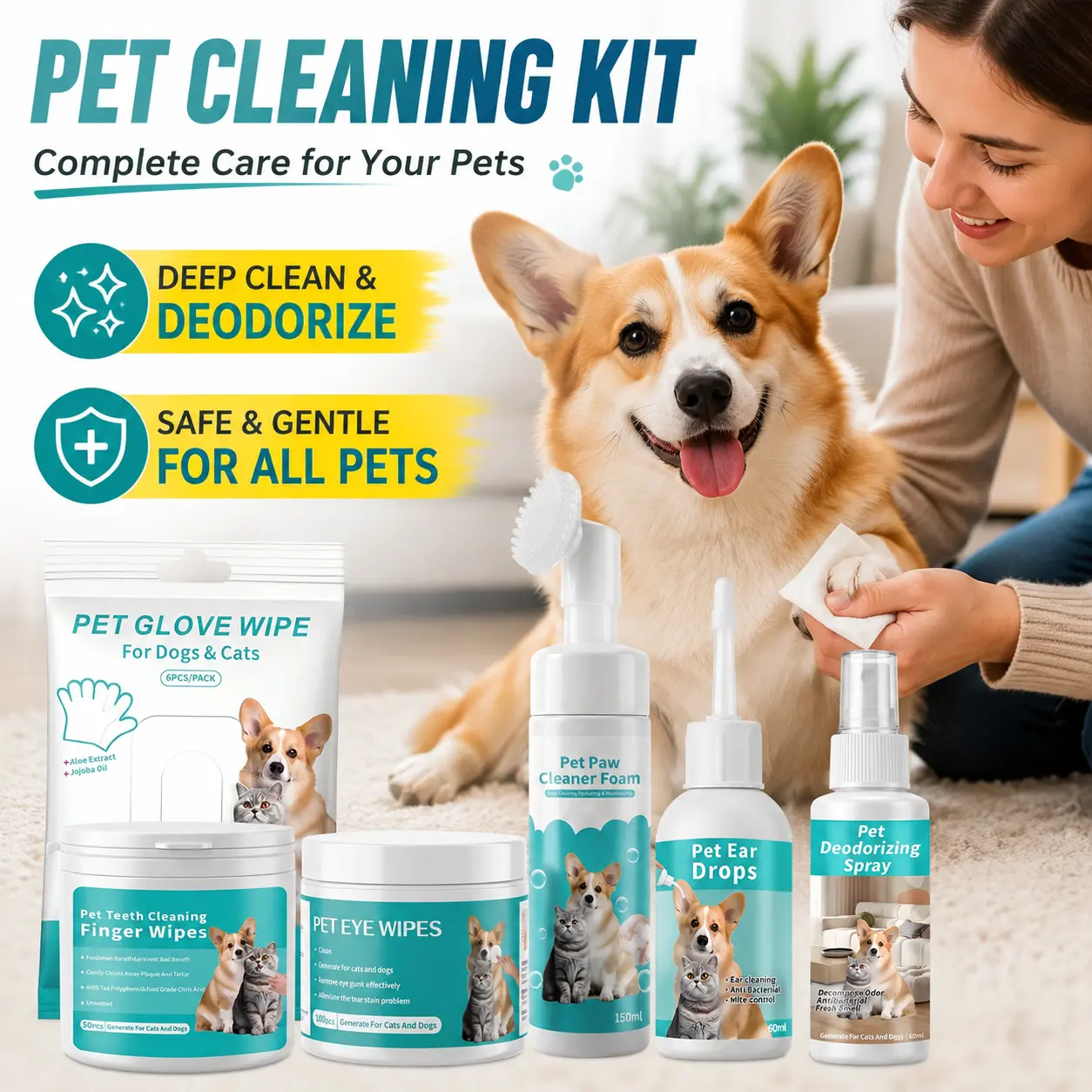 [MeynnPet] 6-in-1 Pet Grooming Kit for Dogs & Cats, Complete Grooming Care Set with Paw Cleaner, Ear Cleaner, Eye Wipes, Teeth Cleaner, and Odor Control Spray
