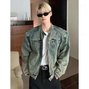 Retro Blue Street Motorcycle Jacket Autumn Winter Washed Old Denim Jacket Structure Design Workwear Baseball Jacket Men