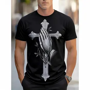 Men's T-Shirt with Cross and Prayer Case - 95% Cotton, 5% Stretch, Micro Stretch, Short Sleeve, Black - Combine and Fitness, Gym Shirt