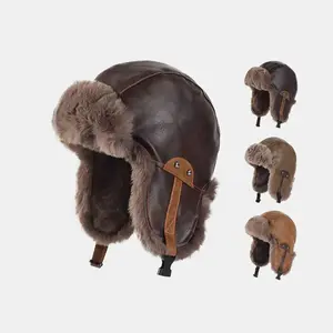 Vintage Pilot Hat for Men and Women Winter Fleece-Lined PU Leather Warm Outdoor Riding Cold-Proof Ear Protection Lei Feng Hat Trendy