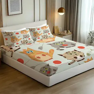 3PCS Cute Cartoon Cat Print Fitted Sheet Set, Kawaii Kitten Bed Sheet Set, Soft Microfiber Bedding Set (No Fillers), Adorable Cat Themed Mattress Cover for Kids Teens Adult & Cat Lovers