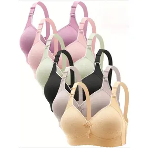 6-Pack Push-Up Jacquard Bras - Adjustable Straps & Wire-Free Support for Daily Comfort, Women’s Seamless Lingerie with V-Neck, Elegant Basic Everyday Fit - Minimalist Essential -RR