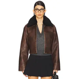 MORE TO COME Lexi Faux Leather Jacket in Distressed Brown