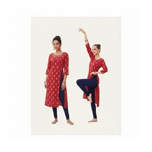 #AVC-1   kurti with all-over gold floral buta print Round neckline + 3/4 sleeves