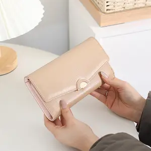 Metal Buckle Flap Apricot Beige  Long Wallet for Women, Stylish Large-Capacity Clutch Purse with Multi Card Holder Slots, Practical Daily PU Leather