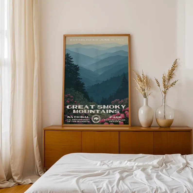 Great Smoky Mountains National Park Poster, Vintage Nature Landscape Wall Art, Retro Travel Canvas