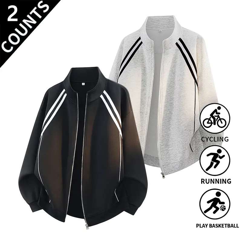 Men’s striped zip-up track jacket with stand collar, Y2K American street style, retro athletic bomber coat, loose fit with elastic cuffs, casual outerwear for cycling, running, basketball, sports, daily wear, and travel, available in 2 colors