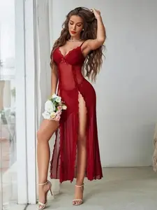 Shinyyep Women's Lace Nightgown Mesh Chemise Comfortable Wear Soft Lightweight Lingerie - Drop Shoulder Nightdress SpringStatements Womenswear Nightwear V-Neck & Side Splits Fitted Loungewear