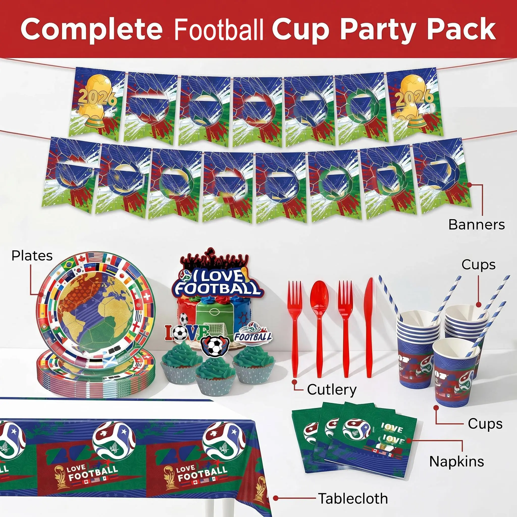 [A must-have for football match viewing] 152-Piece Soccer Party Tableware Set – Disposable Cups, Plates & Napkins for football Cup Themed Events, Game Day Viewing Parties, Birthdays & Tailgating – No Cleanup, All-in-One Kit