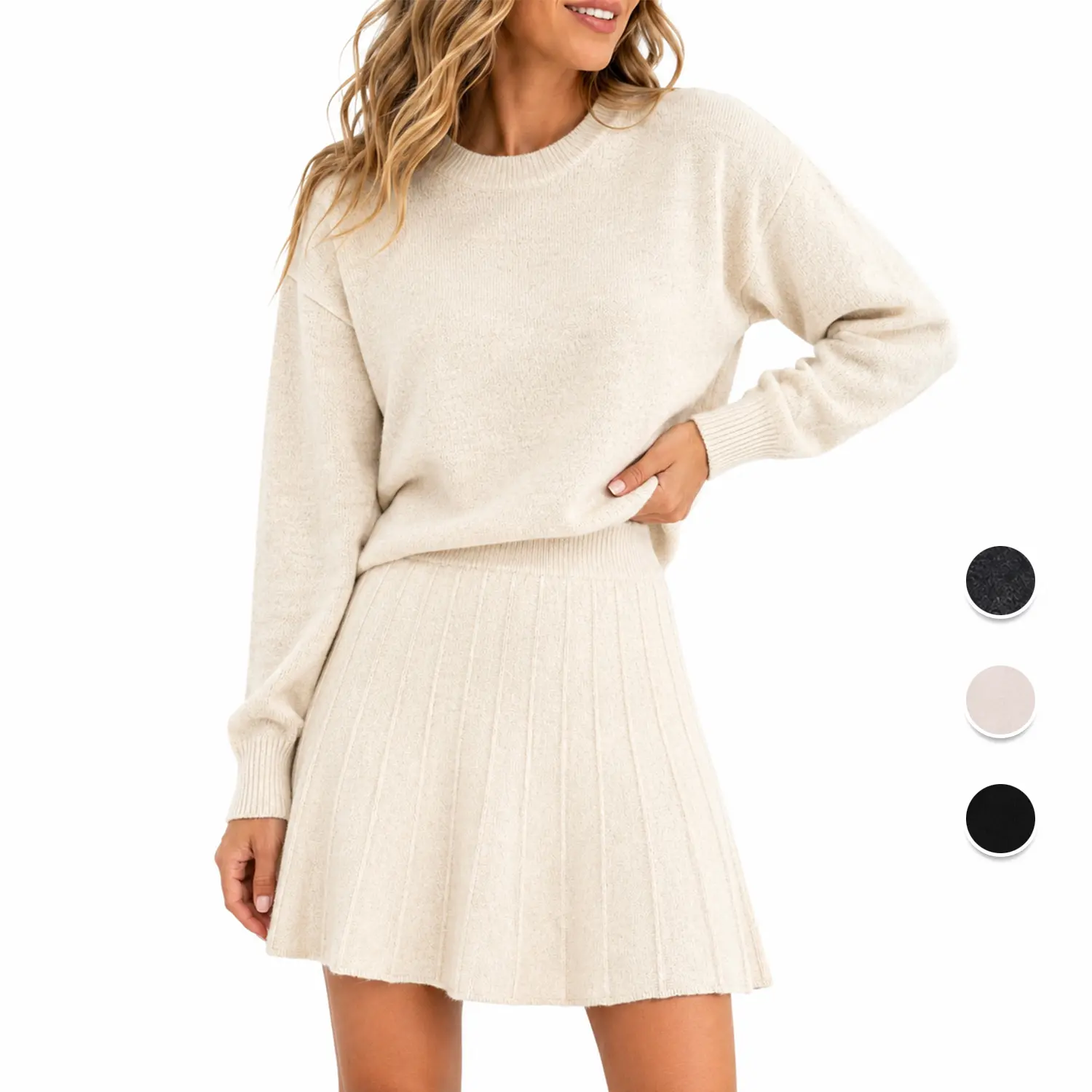 Arssm Women's 2 Piece Knit Sweater Skirt Set, Crew Neck Long Sleeve Pullover Sweater with Pleated Mini Skirt, Casual Matching Knit Outfit for Women, Trendy Fall Winter Lounge Vacation Clothes