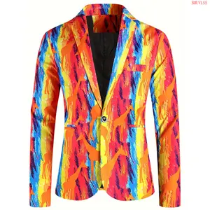Bmuvlss Men's Tropical Hawaiian Print Blazer - Casual Polyester Suit Jacket with Pockets, Machine Washable, Summer Style, Digital Print