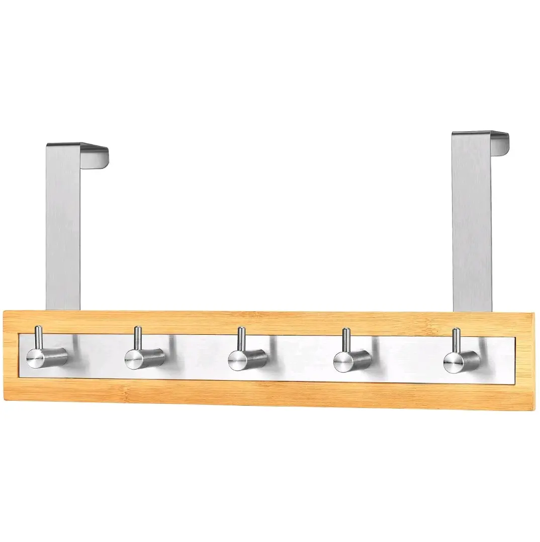 Over The Door Bamboo Wooden Hanger 5 Stainless Steel Hooks Bathroom Clothes Rack