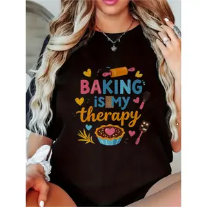Baking-Themed T-Shirt - "Baking Is My Relax" Slogan With Cupcakes, Rolling Pin & Kitchen Utensils Design - Short Sleeve Round Neck Casual Top, Relaxed Fit Breathable Shirt Suitable For Bakers, Machine Washable Baking Apparel For Home Chef
