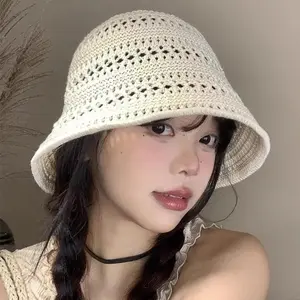 Women's Wide Brim Bucket Hat - Hollow Out Breathable Crochet Sun Hat for Summer Outdoor