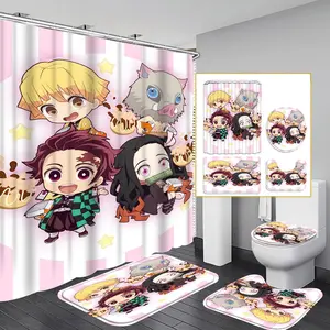 Demon Slayer Anime Print Shower Curtain Set, Includes 12 Hooks, Waterproof Curtains, Non-Slip Mat, U-Shaped Toilet Pad, Ideal Gift