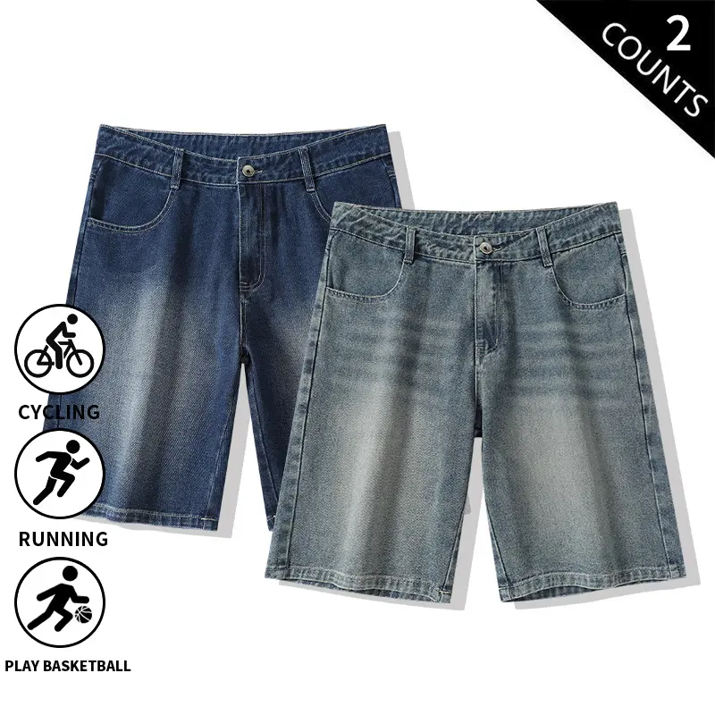 2 Count Men’s Vintage Wash Denim Shorts | Loose Fit Straight Leg Jeans Shorts Casual Jorts for Cycling, Running, Basketball, Streetwear