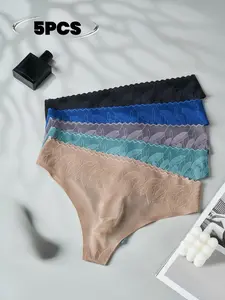 Men's Thong Panties Set of 5, Seamless Lace Triangle Underwear, Lace Trim Briefs, Fashionable Sexy Low Waist, Men's Specific Inner Wear, Seamless Garments