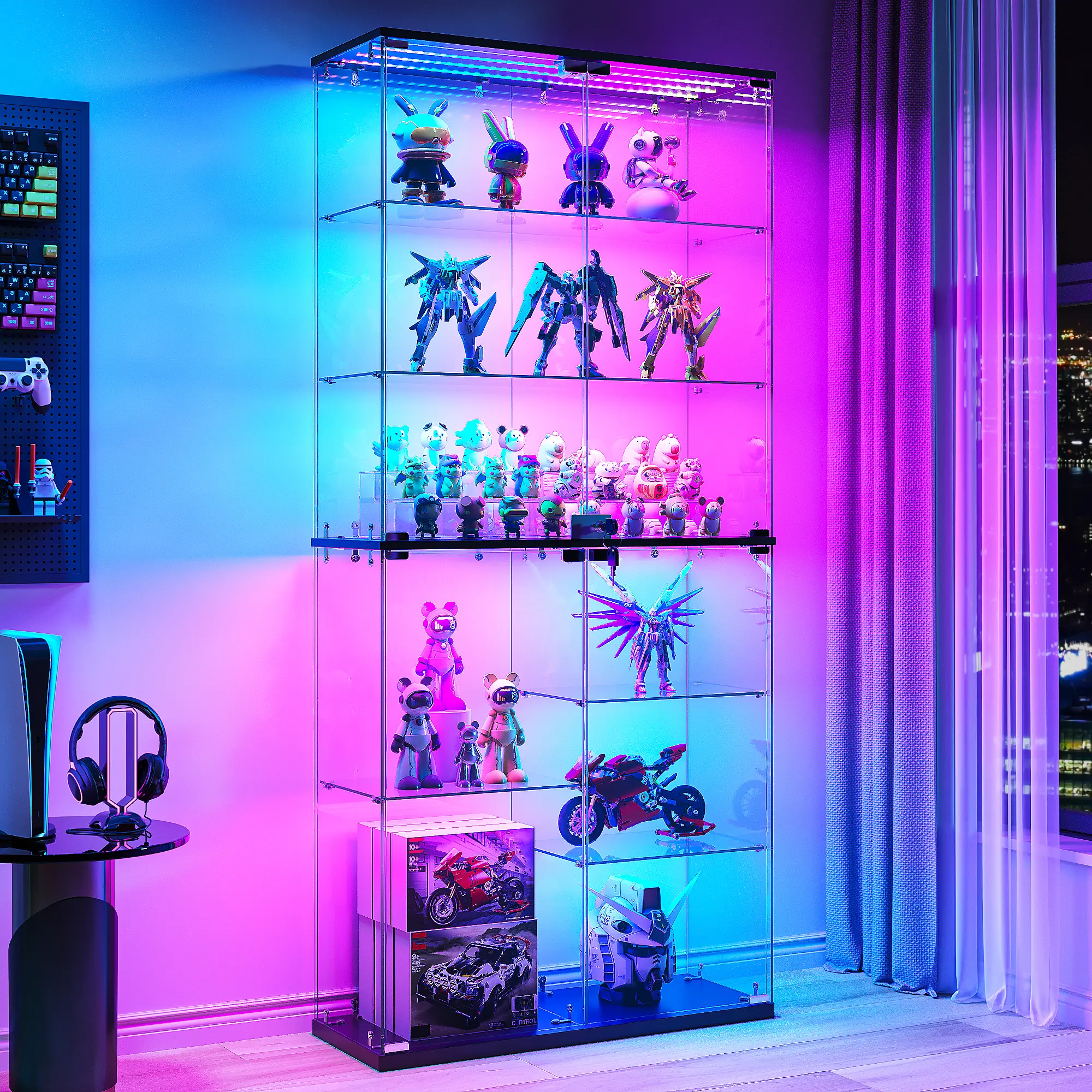 Vlsrka 8-Tier Tempered Glass Display Cabinet - Full-Glass Showcase with RGB Lighting, LED Motion Sensor Lights, Lockable Anti-Tip Base, 360° Transparent View, Modern Indoor Collectibles Cupboard