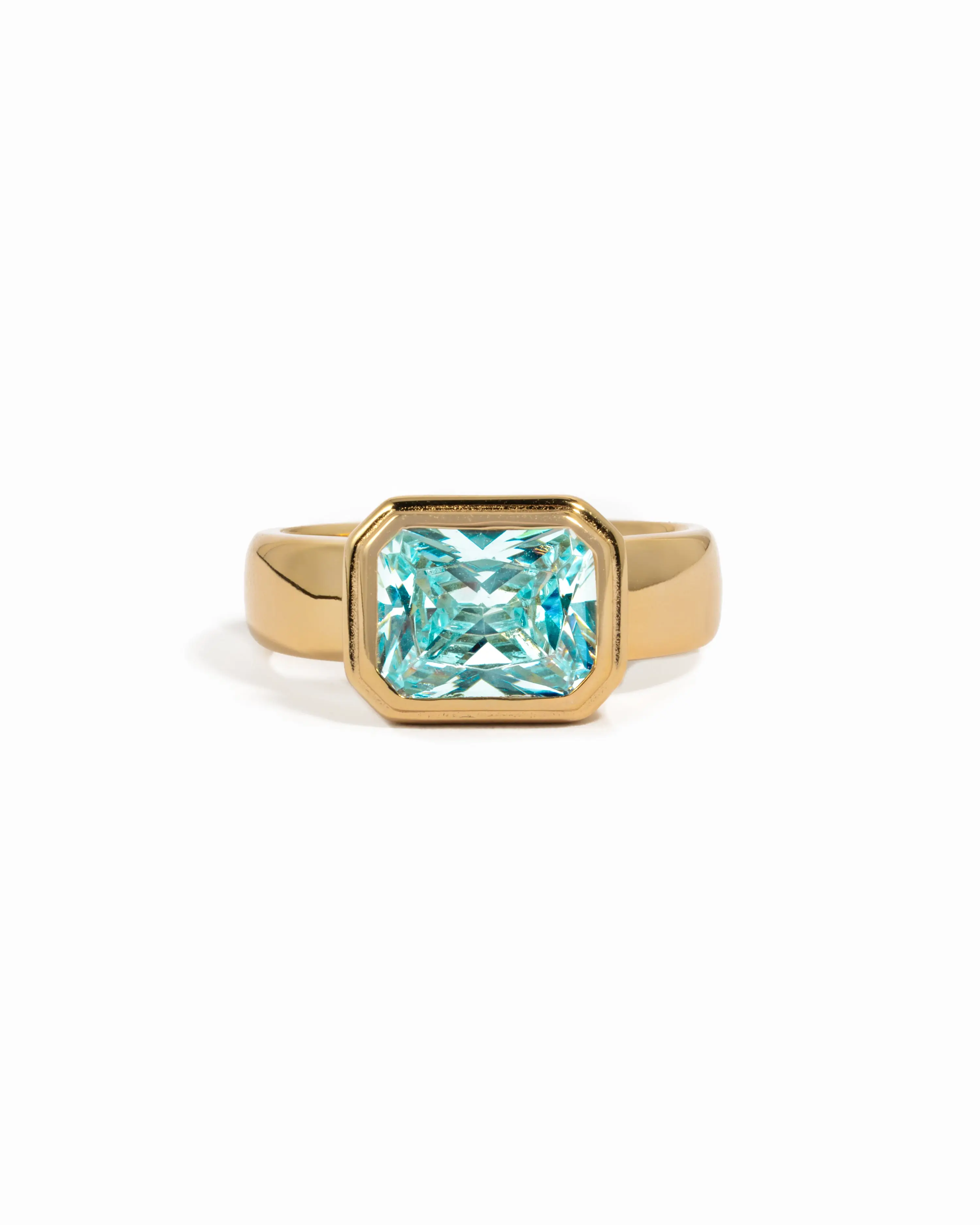 Sami Jewels Rectangular Aquamarine Ring, 925 Sterling Silver Ring, 14K Gold Plated Ring, Cubic Zirconia Ring, Bezel Set Statement Ring
