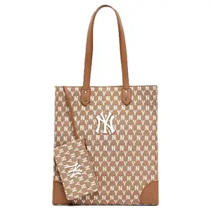MLB Monogram Series New York Yankees Vintage Logo Polyester Tote Bag with Detachable Pouch, Khaki Shopping Bag for Men and Women, Shopping Bags