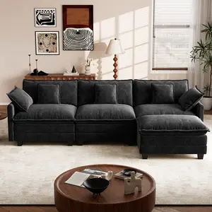 【3 Packages Shipping】GuroMagicSofa 111.5'' L-Shaped Modern Sofa Modular Sectional Cloud Couch with 1 Ottoman, Comfy Chenille Deep Seat Sofa Bed with 5 Pillows for Living Room, Bedroom and Apartment, 3-Seater