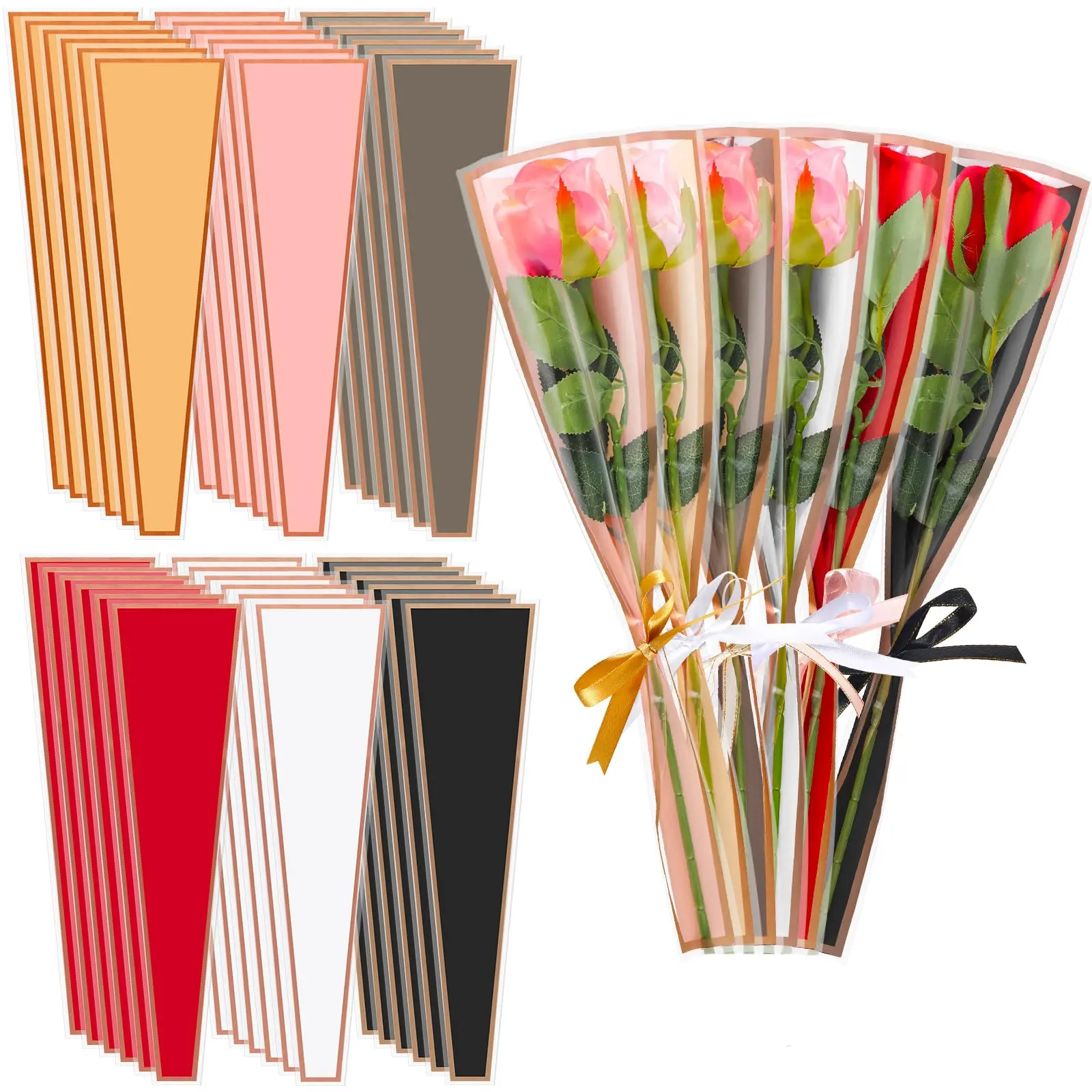 Rose Sleeve Bag, 50pcs/set Waterproof Flower Bouquet Gift Bag, Flower Gift Bags, Flower Arrangement Supplies for Wedding, Graduation, Birthday, Party Decoration, Bouquet Wrapper, Flower Wrapping, Gift Package, Waterproof Material