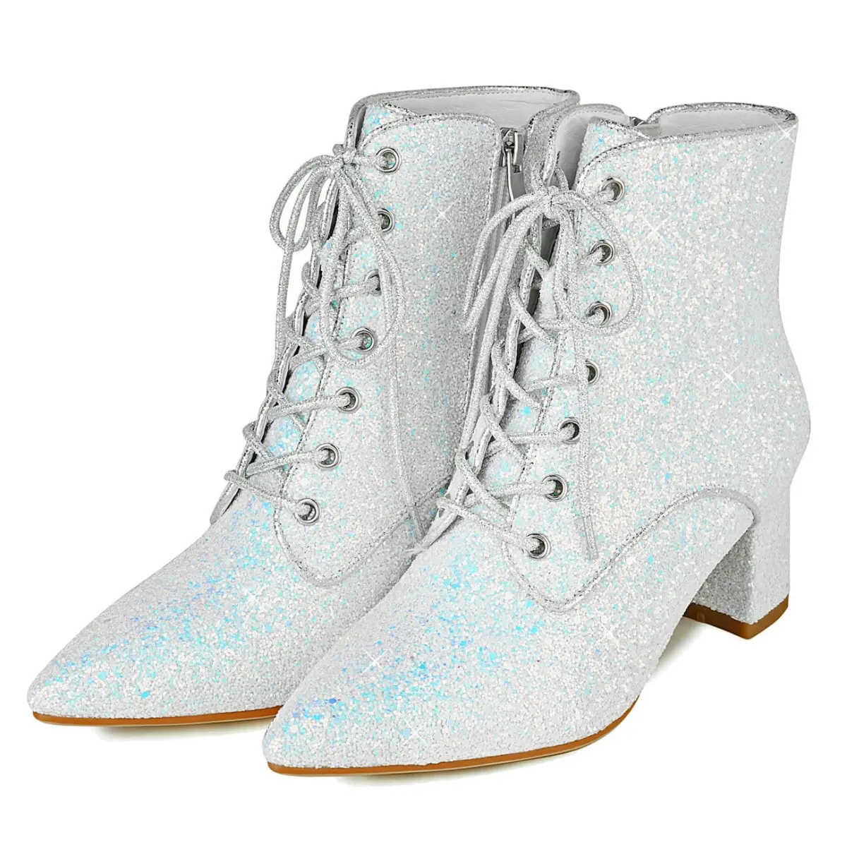 Women Sparkly Block Heel Glitter Ankle Boots Pointed Toe Adjustable Lace up Sequin Booties