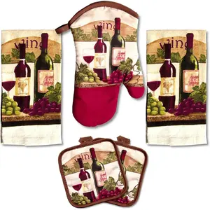 Wine Lover's Kitchen 5 Piece Kitchen Towel Set Grape & Wine Bottle Motif, includes 2 Decorative Dish Towels 1 Oven Mitt and 2 Potholders