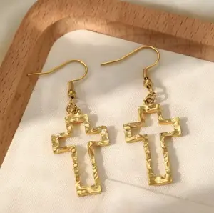 Style 18K Gold Plated Hollow Cross Pendant Earrings Minimalist Stainless Steel Cross Charm Drop Earrings for Women Elegant & Versatile
