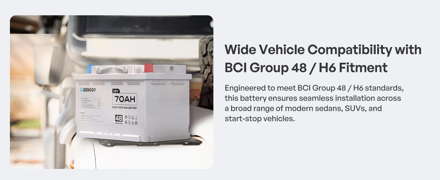 Renogy 12V 70Ah AGM Battery with 720 CCA and 120RC, Reliable H6 Group 48 Start Stop Automotive Power for Cars, SUVs, Trucks and Marine