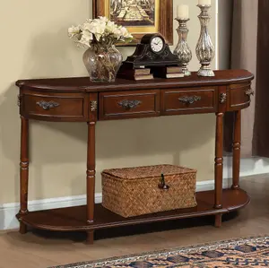 Vintage Arched Wood Hallway Table 52" Round Semi-Circle Sofa Table with Open Shelf & 2 Drawers Solid Wood Entryway Table for Living Room Navy Blue Brown Top