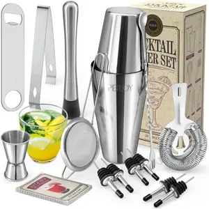16 Piece Bartender Kit Stainless Steel Boston Cocktail Shaker Bar Set Accessories with Muddler Spoon Jigger Drink Mixer Bartending Bar Tools