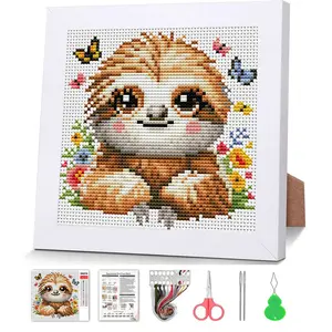 Sloth Cross Stitch Kits for Beginner,Stamped Cross Stitch Kits Crafts for Adults with Wooden Framed,Embroidery Kit for Beginners,Partial 11CT Animal Cross Stitch for Kids Home Decor 7x7·inch