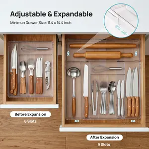 【New Arrival】Vtopmart 1-2Pack Expandable Kitchen Utensil Drawer Organizer, Clear Plastic Food-Safe Cutlery Flatware Organizer, Adjustable Silverware Holder for Spoons Forks Knives, (6-9 Slots), DealsForYouDays (Mid Year Sale Restock), DFYD