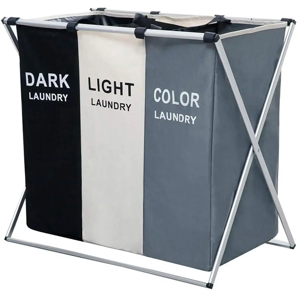 3-Section Foldable Laundry Hamper Sorter Laundry Basket - Waterproof Oxford Bags, Aluminum Frame, Printed Multicolored Design for Home, Dormitory Washing Clothes Storage