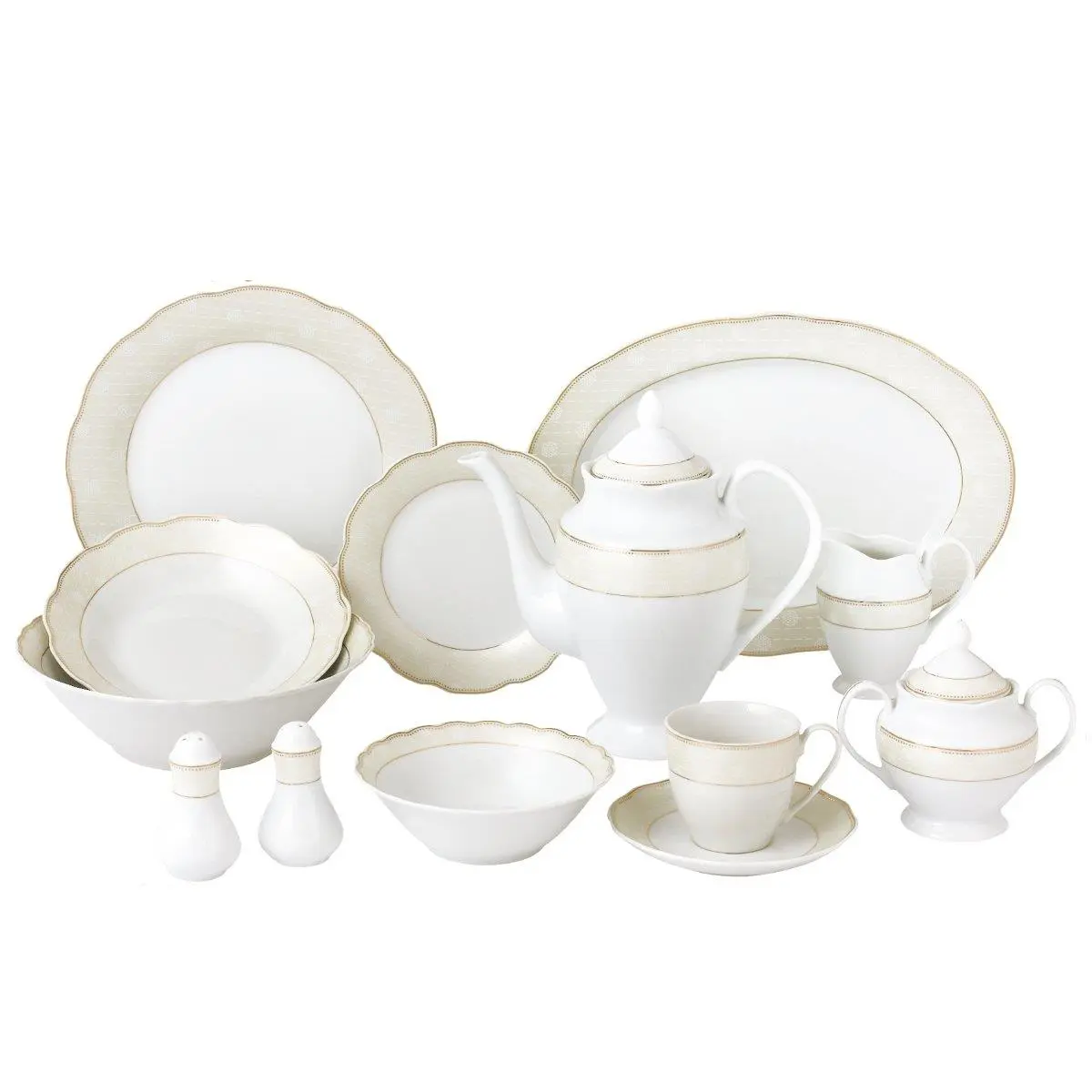 212 MAIN Tova Lorenzo Import 57-Piece Wavy Porcelain China Tableware Set - Service for 8, Includes Fruit Plates, Tea Bowls, Dinner Plates & Bowls, Dinnerware Set, Oval