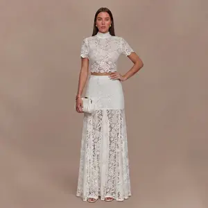 LikeMyChoice 2026 Romantic Floral Lace Short-Sleeve Two-Piece Set | Sexy Sheer Crop Top & High-Waist Lined Mini Skirt Coquette Aesthetic Night-Out Outfit | Viral Lace Matching Set Summer
