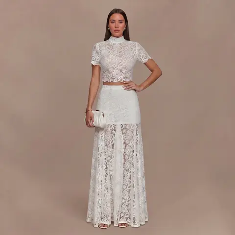 LikeMyChoice Women's 2026 Romantic Floral Lace Short-Sleeve 2-Piece Set - Sexy Sheer Crop Top, High-Waist Lined Mini Skirt, Coquette Aesthetic Night-Out Going Out Top, Concert Outfit for Summer, Shortsleeve