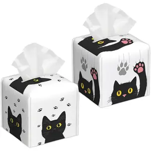 Black  2 count Tissue Box Cover Square, Cute Tissue Box Holder  Leather Facial Paper Organizer Dispenser for Bathroom   Nightstand