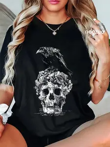 100% Cotton Vintage Skull Meme Nevermore Black retro Raven Bird T-Shirt