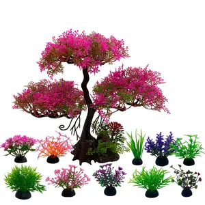 Aquarium Artificial Plastic Plant Decor, Sakura Tree Fish Tank Decoration Set, Goldfish Betta Fish Bowl Ornament