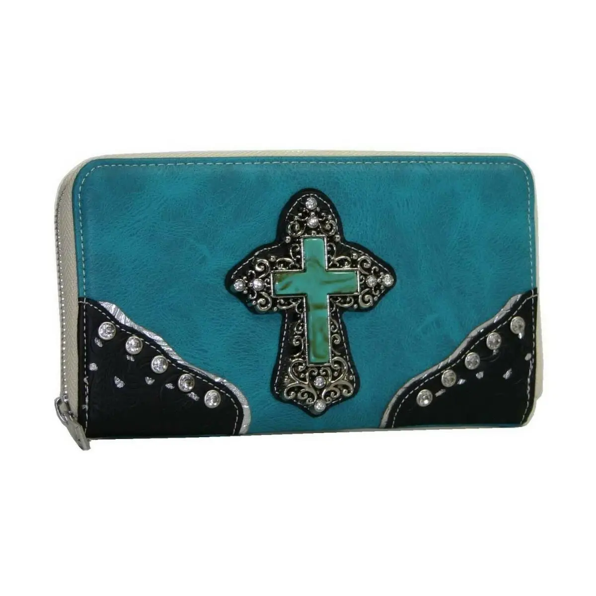 RITZ Women's Turquoise Western Look Stylish Pebble Leather Zip-Around Rhinestone Cross Wallet - Scratch-Resistant Western Purse with Zipper Wallet Design, Stylish Wallet