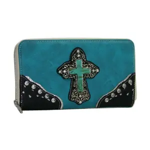 RITZ Women's Turquoise Western Look Stylish Pebble Leather Zip-Around Rhinestone Cross Wallet - Scratch-Resistant Western Purse with Zipper Wallet Design, Stylish Wallet