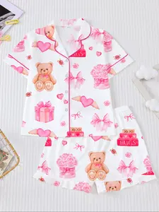 Bear Heart Theme Pajama Set, Fire Retardant Short Sleeve Shorts, Casual Home Wear, Cute Cartoon Print