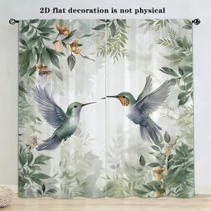 2pcs Polyester Window Curtains, Green Leaf & Hummingbird Floral Print, Nature-Inspired Style, Light Filtering Drapes For Living Room Bedroom,,Excluding accessories