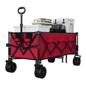 Heavy Duty Beach Wagon Cart with All Terrain Wheels, Collapsible Utility Wagon for Sand, Extra Long Foldable Wagon with Cup Holders and Brakes, 460 lbs Capacity
