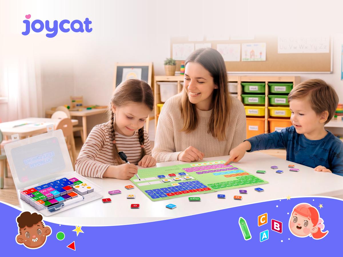 JoyCat Phonics Magnetic Letter Tiles- Hooked on Phonics, ABC Reading Games Set with Word-Building Folder & Storage Case, Letter Sound Alphabet Letters, Spelling Learning Game for Kids 3+, Preschool Pre k Classroom Materials